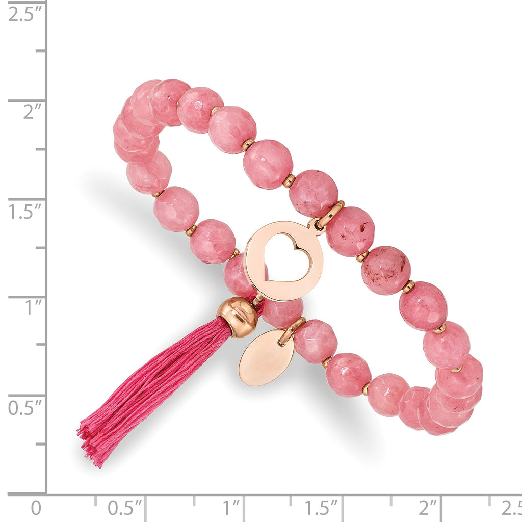 Stainless Steel Polished Rose IP-plated Heart 6mm Pink Jade Beaded Stretch Bracelet with Tassel for Women
