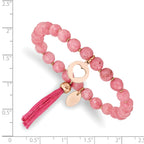 Stainless Steel Polished Rose IP-plated Heart 6mm Pink Jade Beaded Stretch Bracelet with Tassel for Women