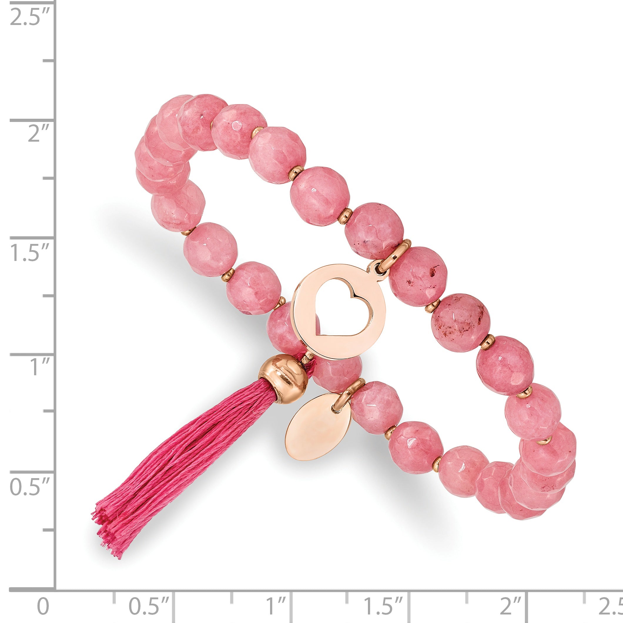 Stainless Steel Polished Rose IP-plated Heart 6mm Pink Jade Beaded Stretch Bracelet with Tassel for Women