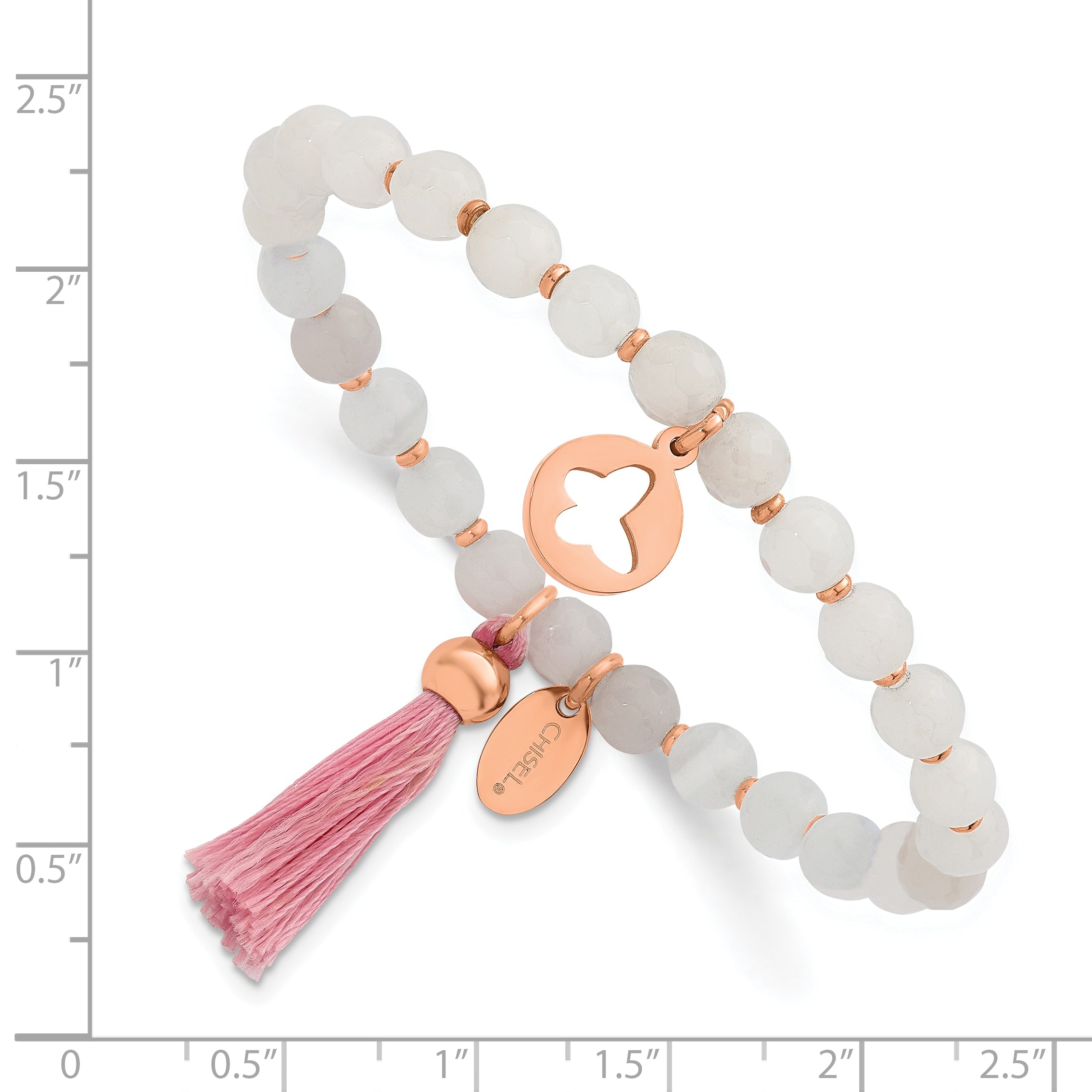 Stainless Steel Polished Rose IP-plated Butterfly 6mm Pink Agate Beaded Stretch Bracelet with Tassel for Women