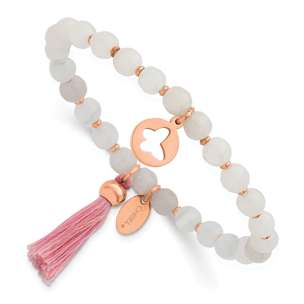 Stainless Steel Polished Rose IP-plated Butterfly 6mm Pink Agate Beaded Stretch Bracelet with Tassel for Women