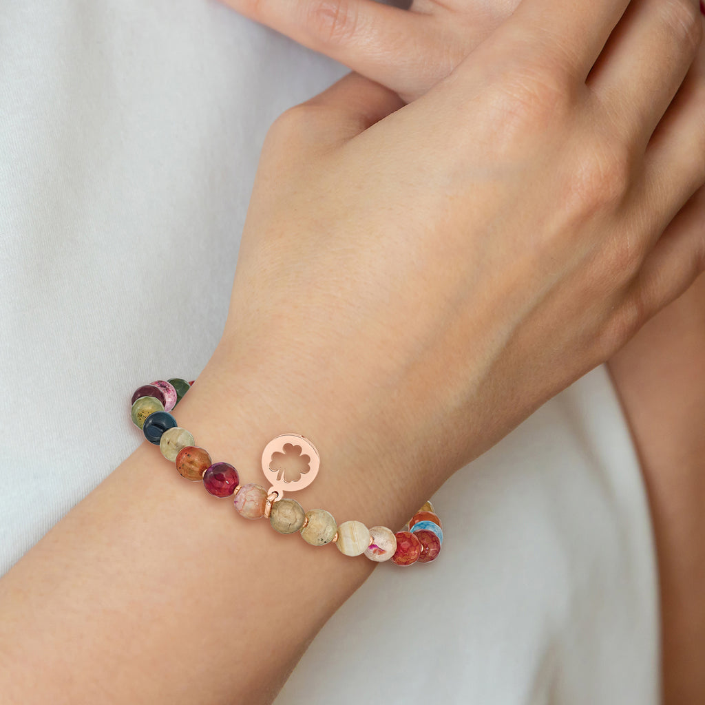 Stainless Steel Polished Rose IP-plated Clover 6mm Multi Color Agate Beaded Stretch Bracelet with Tassel for Women