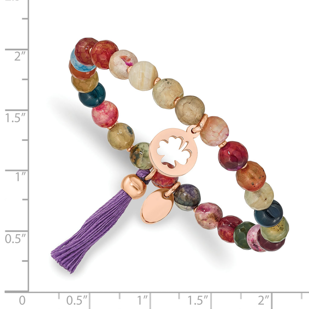 Stainless Steel Polished Rose IP-plated Clover 6mm Multi Color Agate Beaded Stretch Bracelet with Tassel for Women