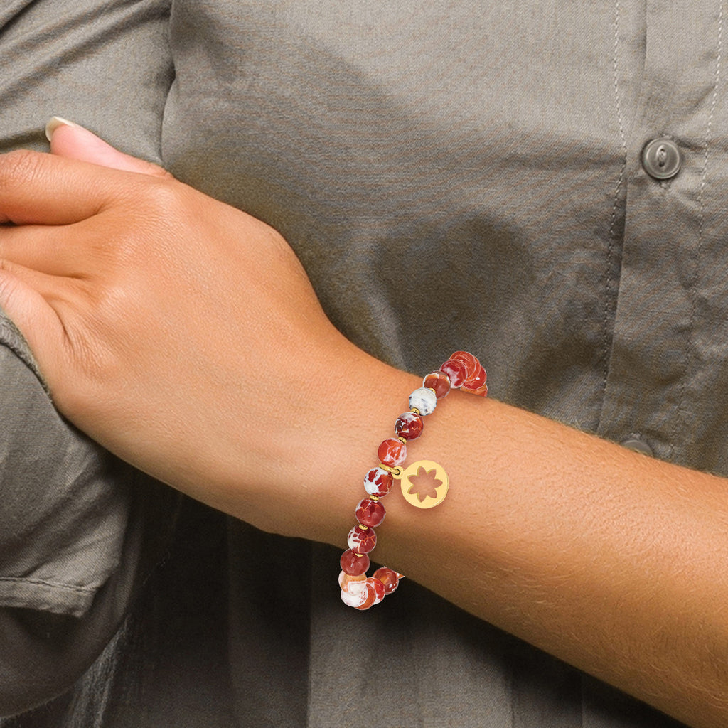 Stainless Steel Polished Yellow IP-plated Flower 6mm Orange Agate Beaded with Tassel Stretch Bracelet for Women