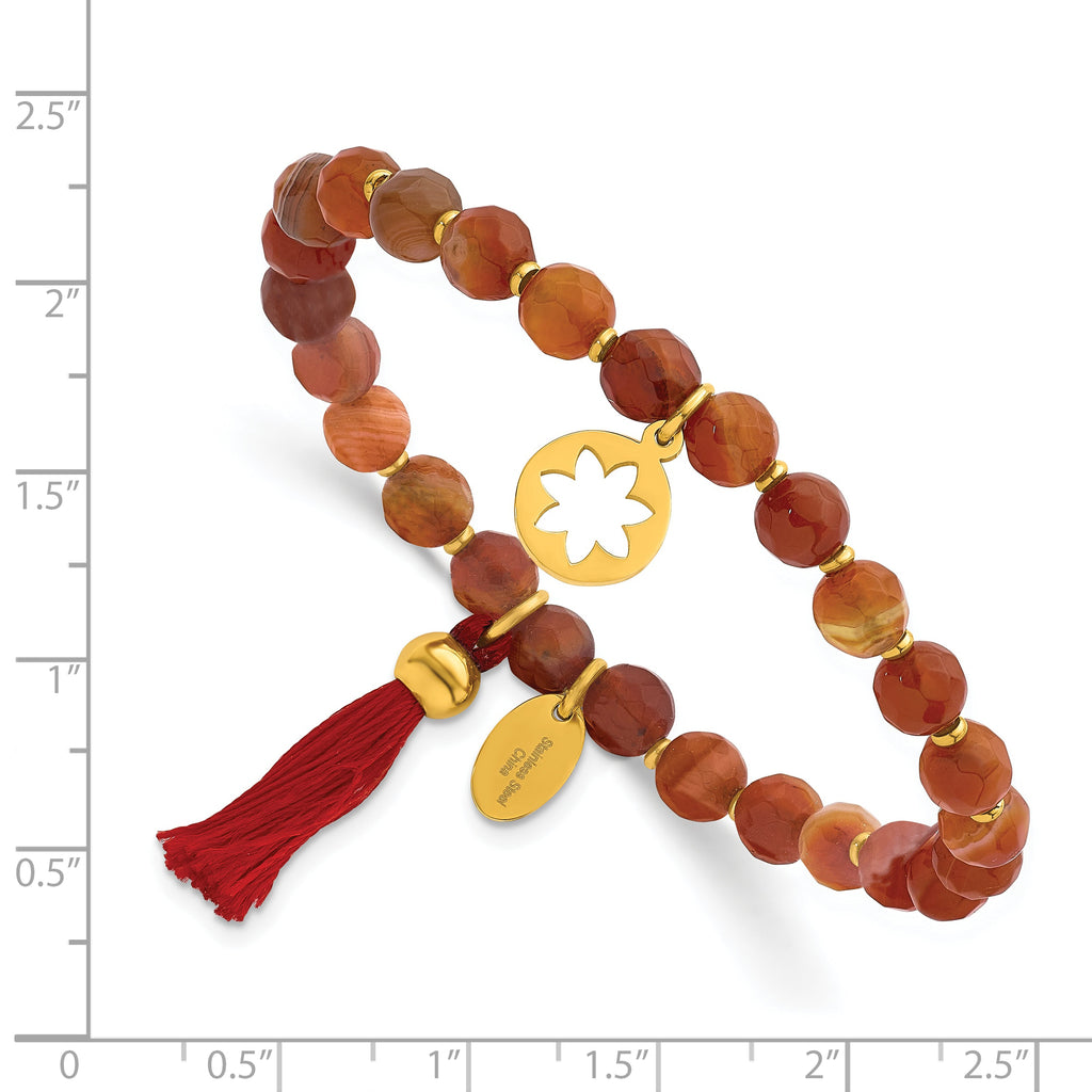 Stainless Steel Polished Yellow IP-plated Flower 6mm Orange Agate Beaded with Tassel Stretch Bracelet for Women