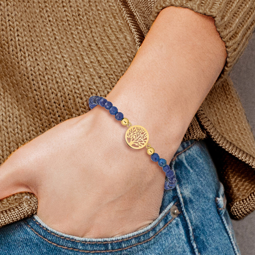 Stainless Steel Polished Yellow IP-plated Tree of Life 4mm Blue Jade Beaded Stretch Bracelet for Women