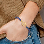 Stainless Steel Polished Yellow IP-plated Tree of Life 4mm Blue Jade Beaded Stretch Bracelet for Women