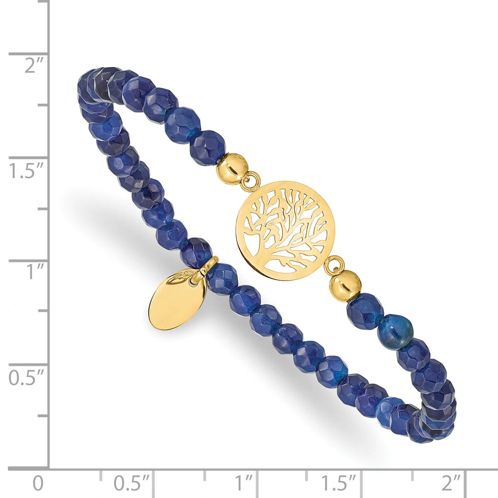 Stainless Steel Polished Yellow IP-plated Tree of Life 4mm Blue Jade Beaded Stretch Bracelet for Women