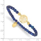 Stainless Steel Polished Yellow IP-plated Tree of Life 4mm Blue Jade Beaded Stretch Bracelet for Women