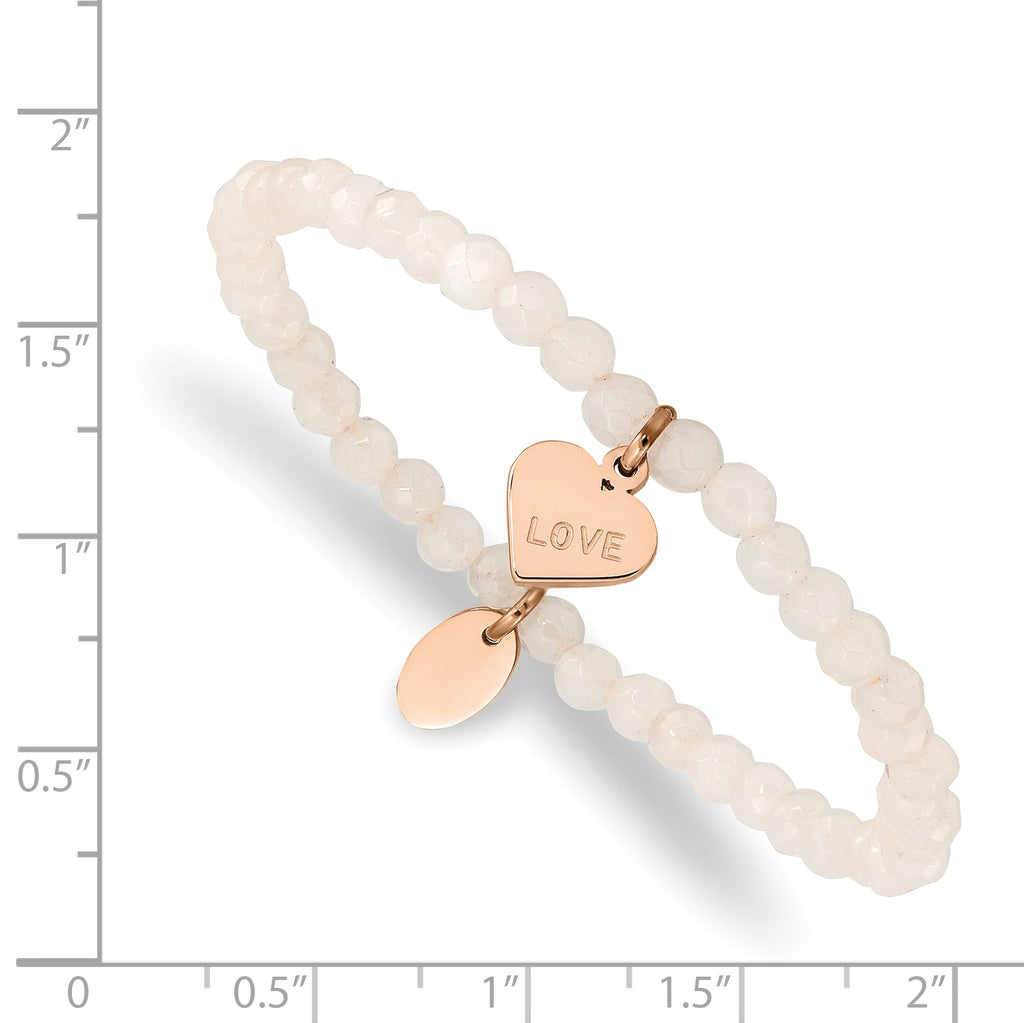 Stainless Steel Polished Rose IP-plated Love Heart 4mm Jade Beaded Stretch Bracelet for Women