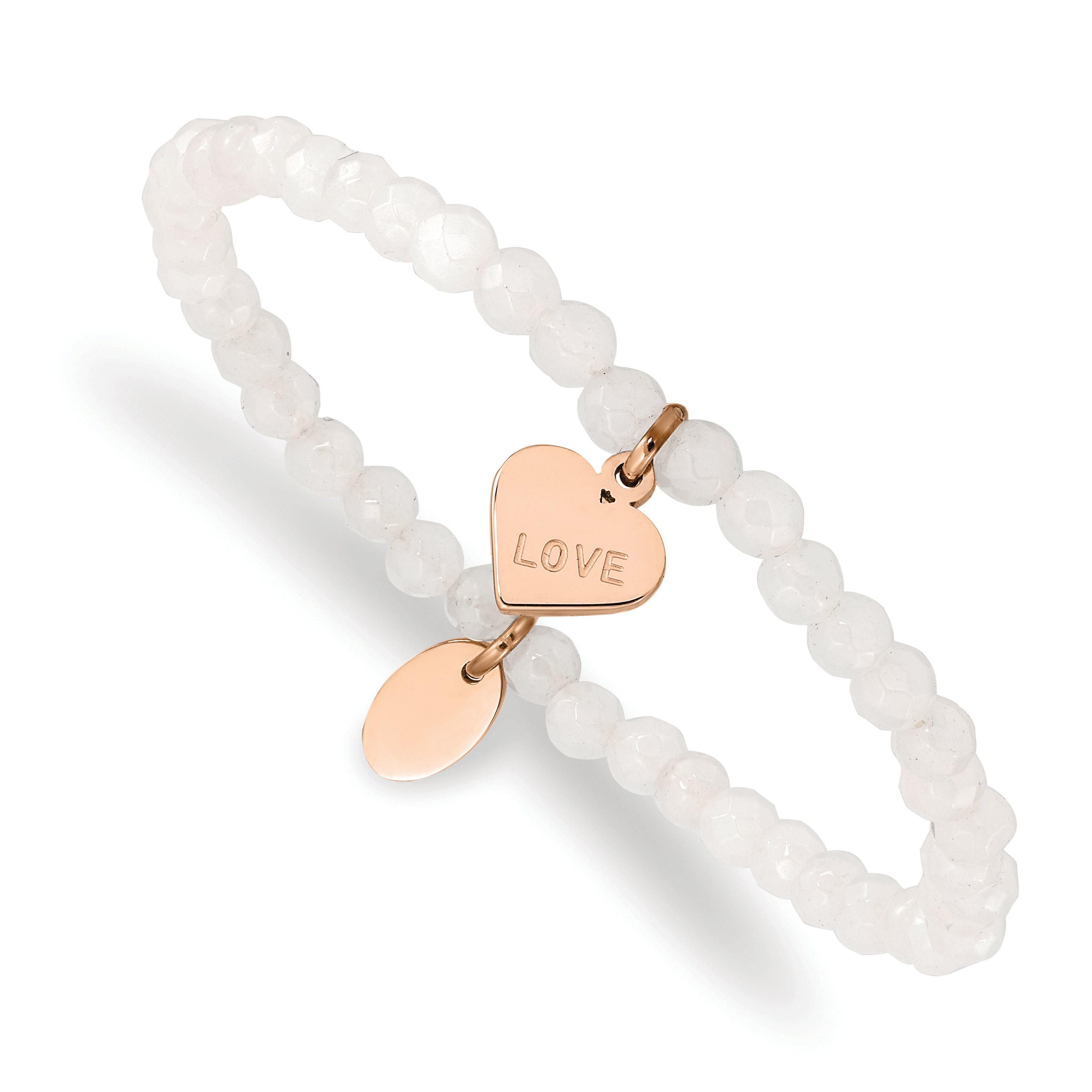 Stainless Steel Polished Rose IP-plated Love Heart 4mm Jade Beaded Stretch Bracelet for Women