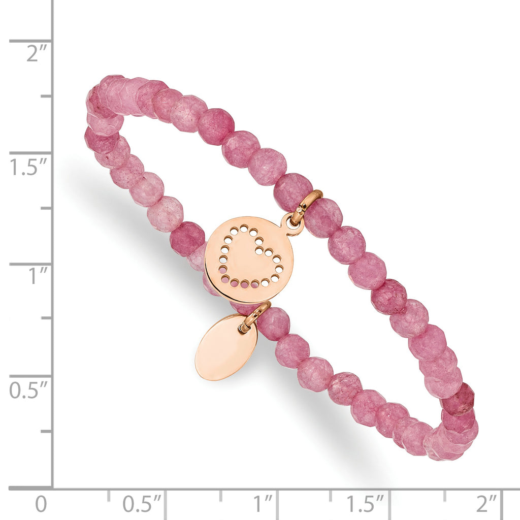 Stainless Steel Polished Rose IP-plated Heart 4mm Pink Jade Beaded Stretch Bracelet for Women