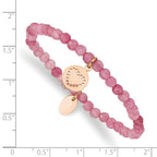 Stainless Steel Polished Rose IP-plated Heart 4mm Pink Jade Beaded Stretch Bracelet for Women