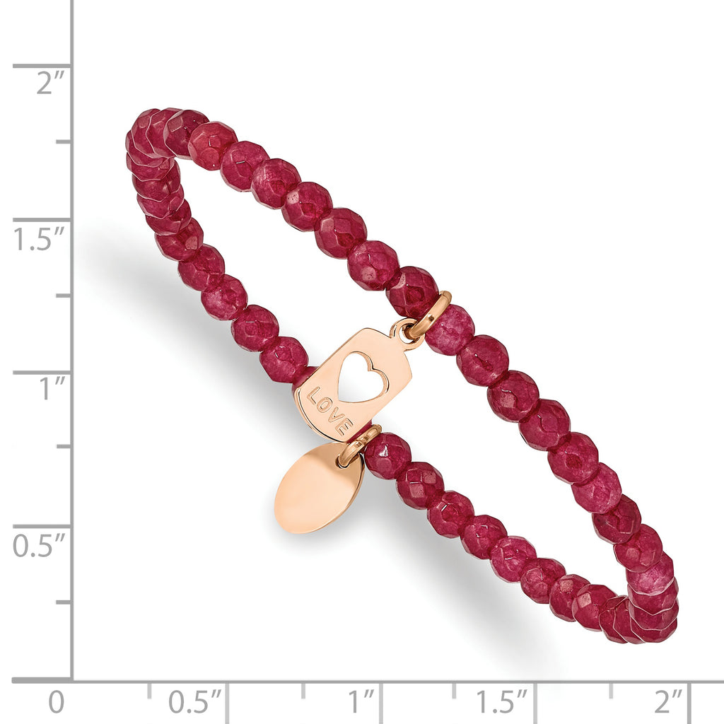 Stainless Steel Polished Rose IP-plated Love 4mm Red Jade Beaded Stretch Bracelet for Women