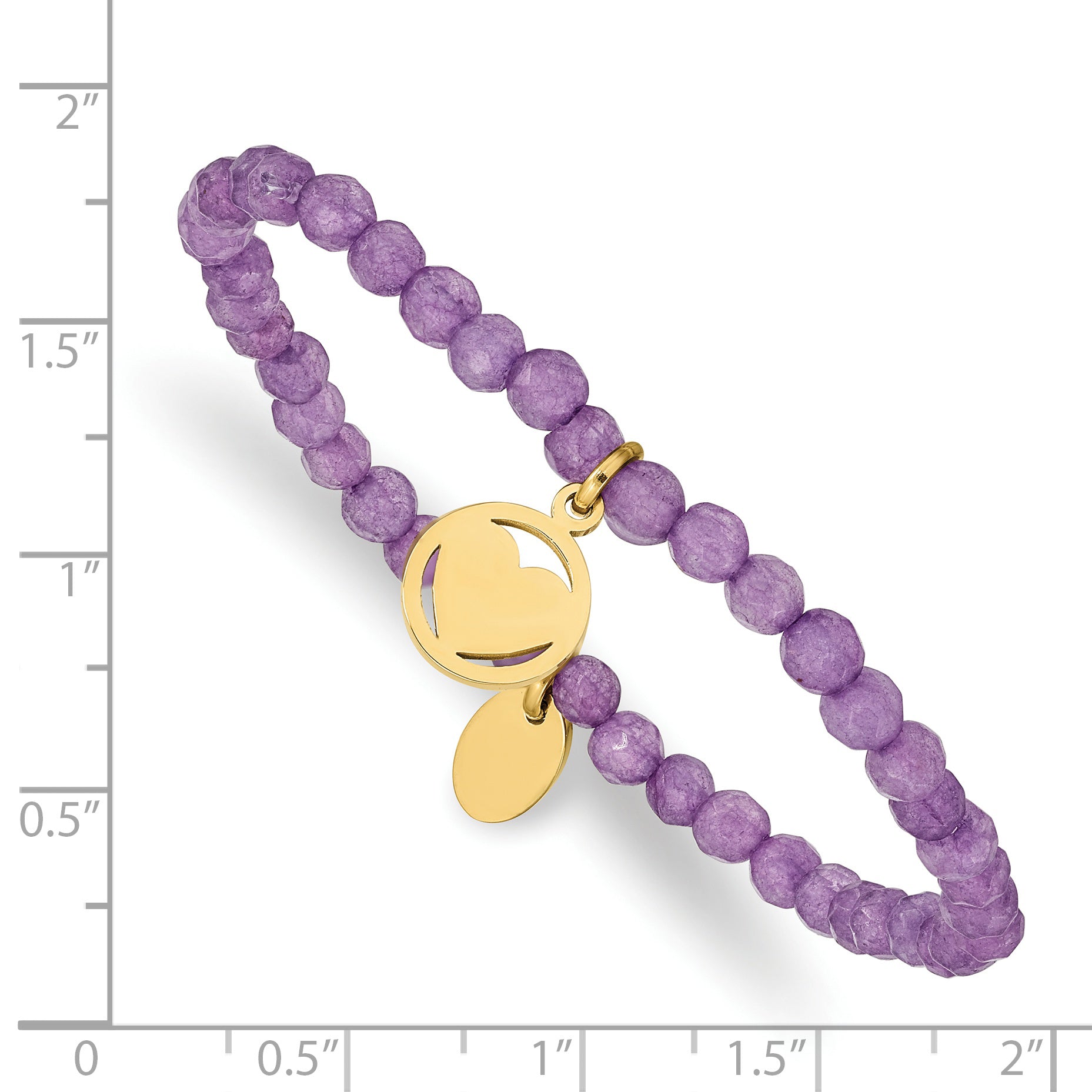 Stainless Steel Polished Yellow IP-plated Heart 4mm Light Purple Jade Beaded Stretch Bracelet for Women