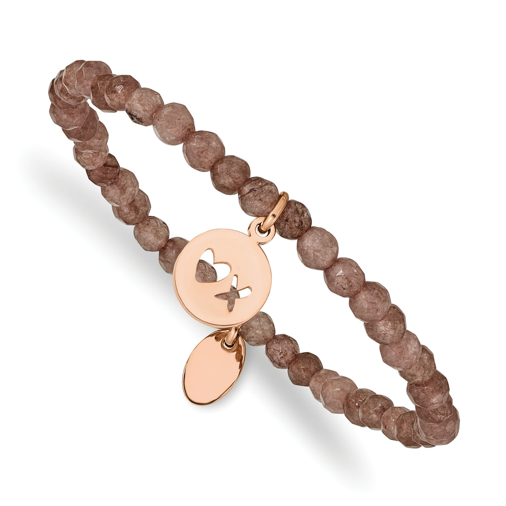Stainless Steel Polished Rose IP-plated XO 4mm Brown Jade Beaded Stretch Bracelet for Women