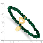 Stainless Steel Polished Yellow IP-plated Heart 4mm Green Jade Beaded Stretch Bracelet for Women