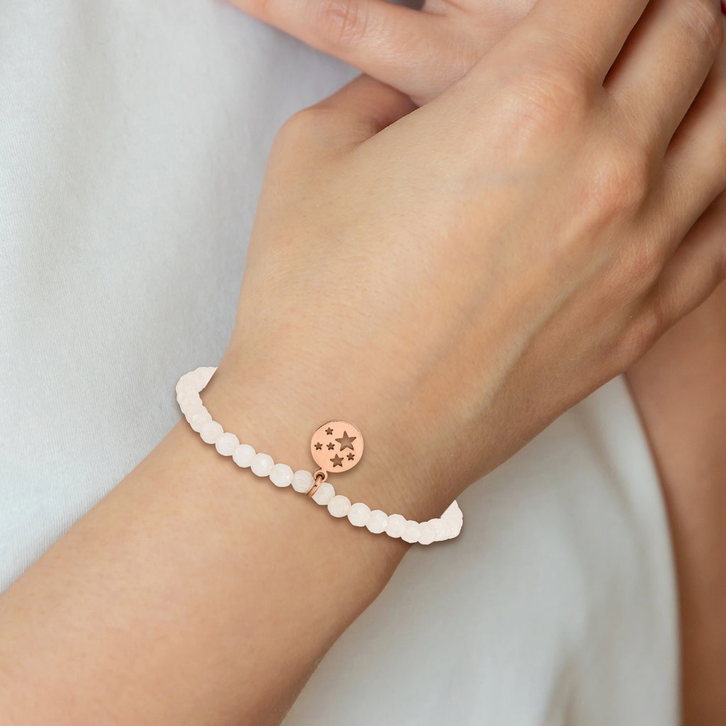 Stainless Steel Polished Rose IP-plated Stars 4mm White Jade Beaded Stretch Bracelet for Women