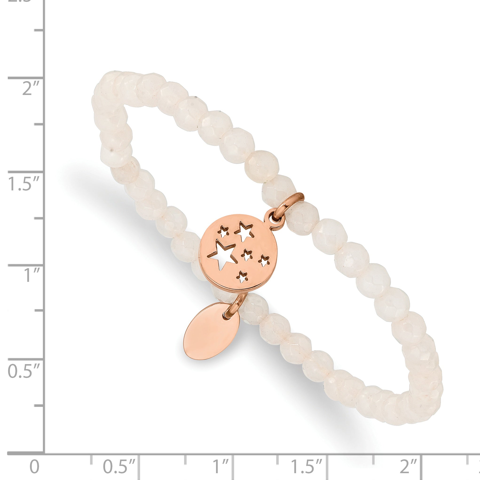 Stainless Steel Polished Rose IP-plated Stars 4mm White Jade Beaded Stretch Bracelet for Women