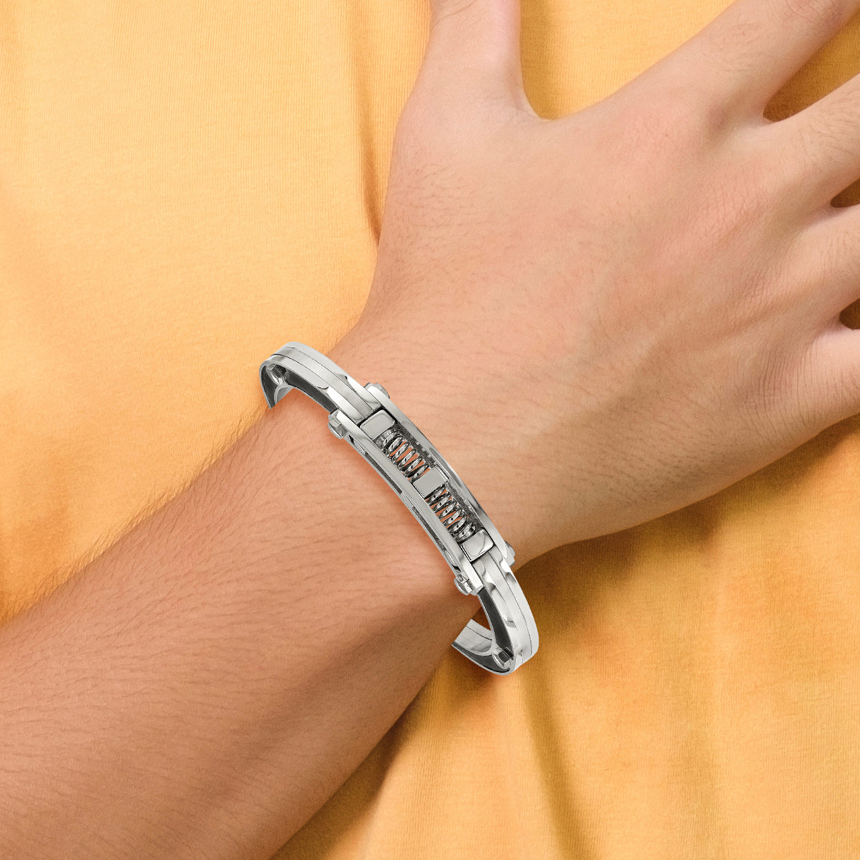 Stainless Steel Brushed and Polished with Black Carbon Fiber Inlay Hinged Bangle Bracelet for Men