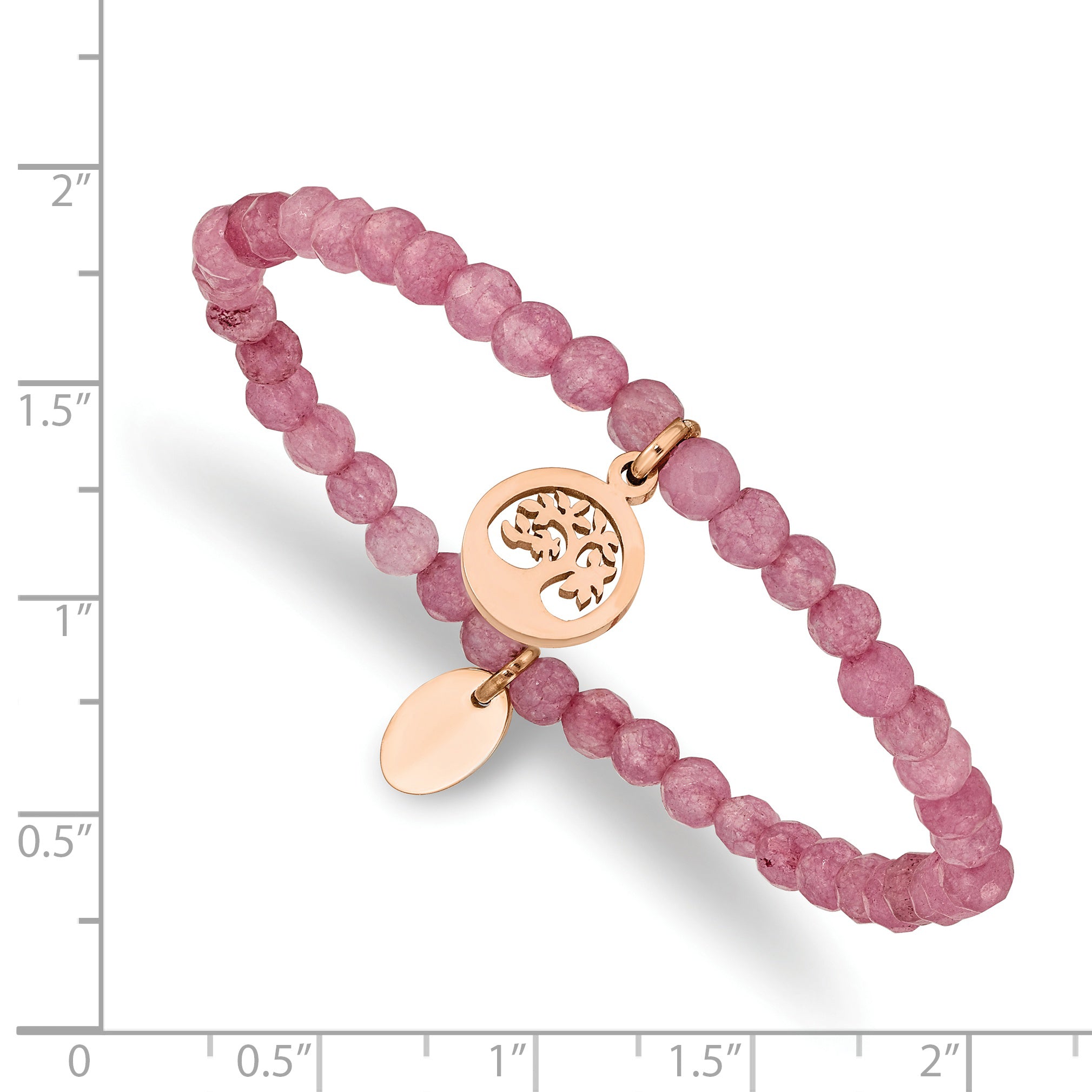 Stainless Steel Polished Rose IP-plated Tree 4mm Pink Jade Beaded Stretch Bracelet for Women