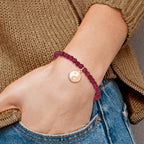 Stainless Steel Polished and Satin Rose IP-plated YingYang 4mm Red Jade Beaded Stretch Bracelet for Women