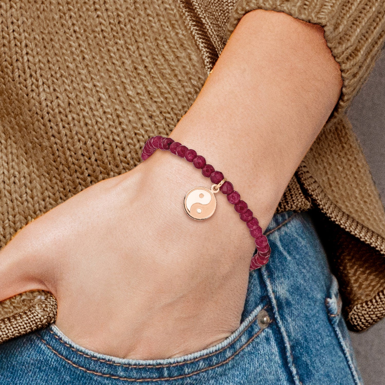 Stainless Steel Polished and Satin Rose IP-plated YingYang 4mm Red Jade Beaded Stretch Bracelet for Women