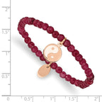 Stainless Steel Polished and Satin Rose IP-plated YingYang 4mm Red Jade Beaded Stretch Bracelet for Women