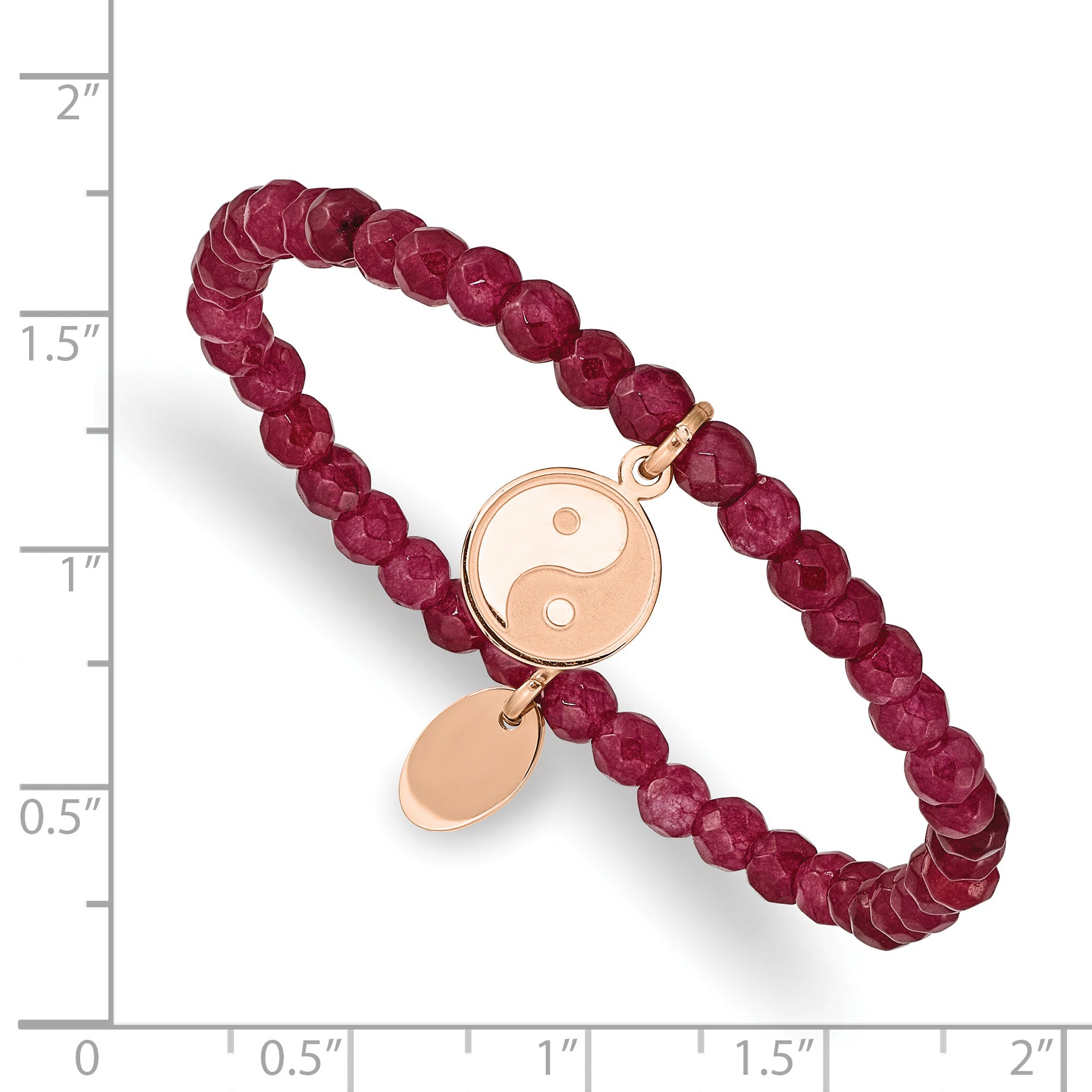 Stainless Steel Polished and Satin Rose IP-plated YingYang 4mm Red Jade Beaded Stretch Bracelet for Women