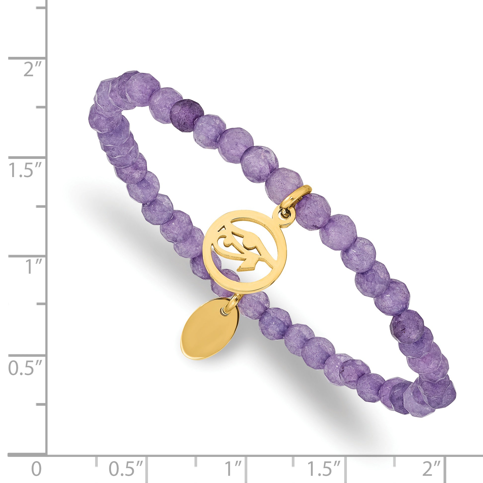 Stainless Steel Polished Yellow IP-plated Eye of Horus 4mm Purple Jade Beaded Stretch Bracelet for Women