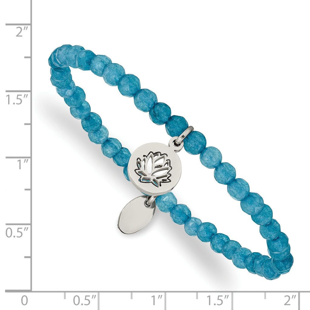 Stainless Steel Polished Lotus 4mm Blue Jade Beaded Stretch Bracelet for Women