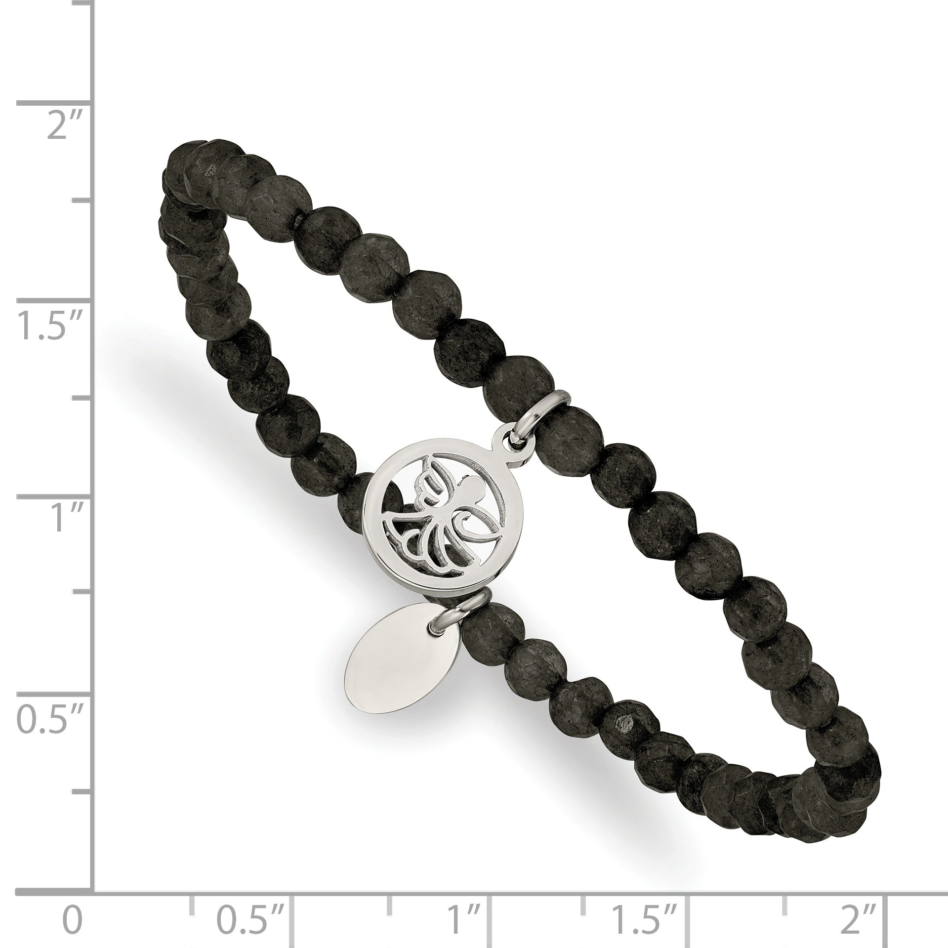Stainless Steel Polished Angel 4mm Black Jade Beaded Stretch Bracelet for Women
