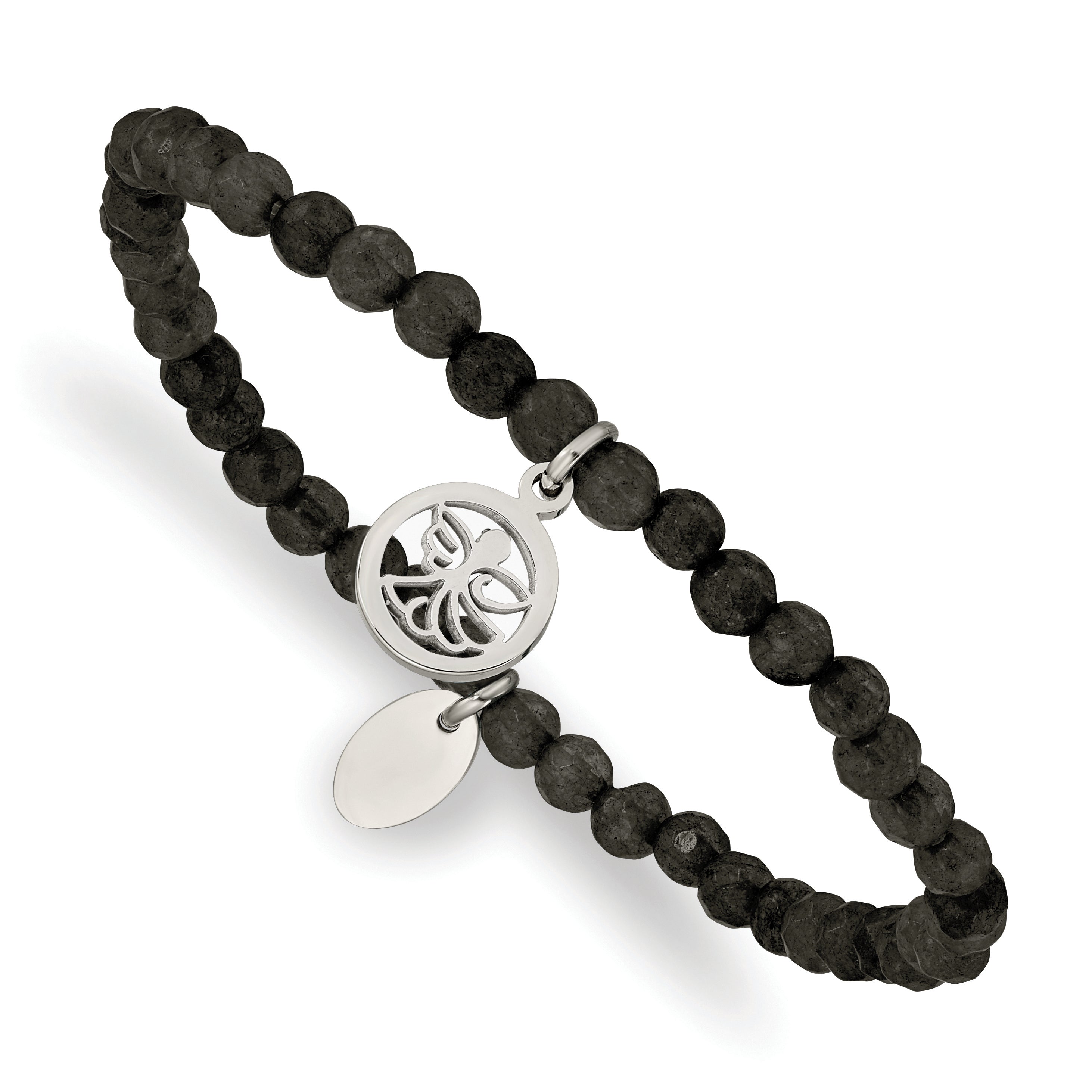 Stainless Steel Polished Angel 4mm Black Jade Beaded Stretch Bracelet for Women Main image
