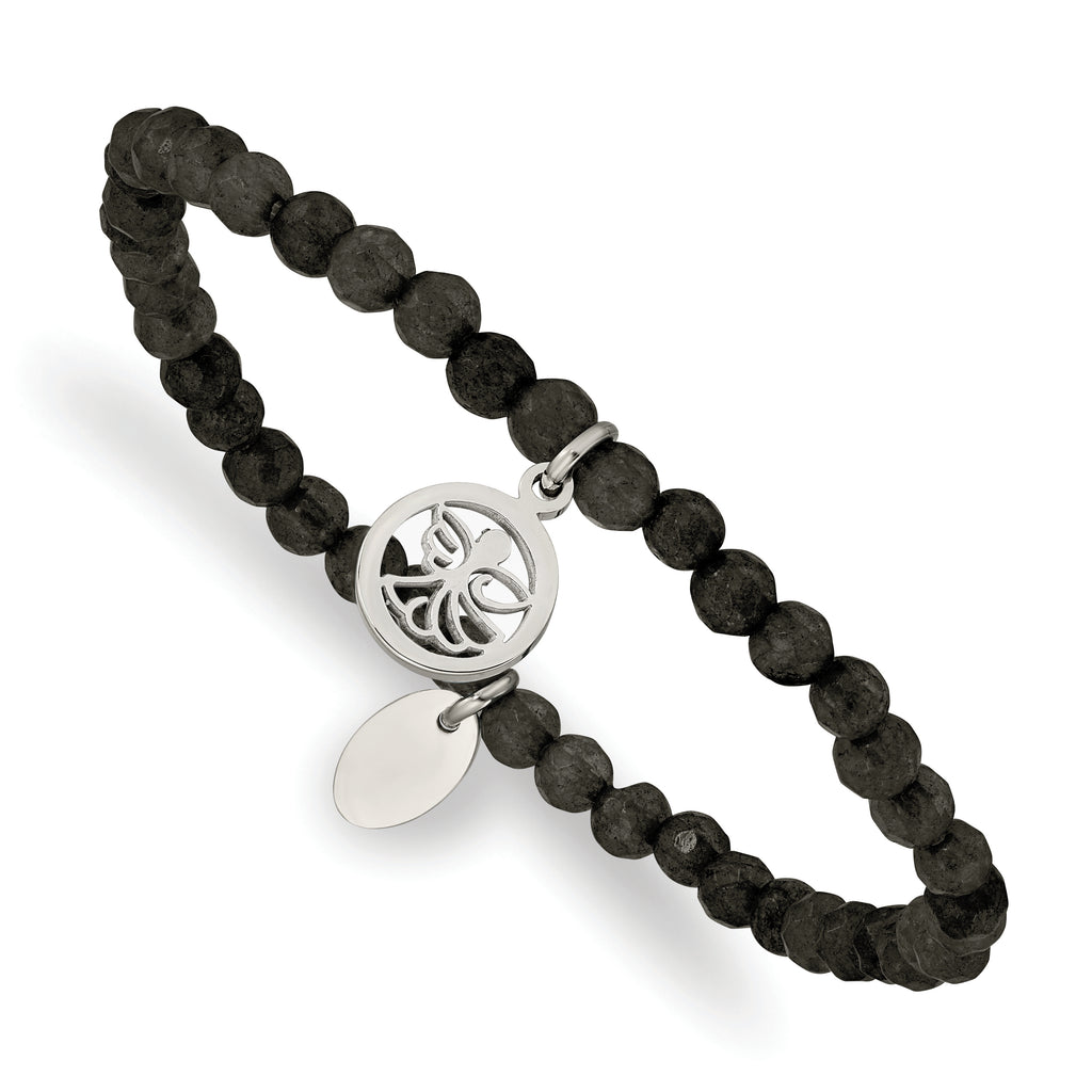 Stainless Steel Polished Angel 4mm Black Jade Beaded Stretch Bracelet for Women