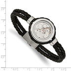Stainless Steel Brushed and Polished Yellow IP-palted with Cubic Zirconia Black Braided Leather Bracelet for Men