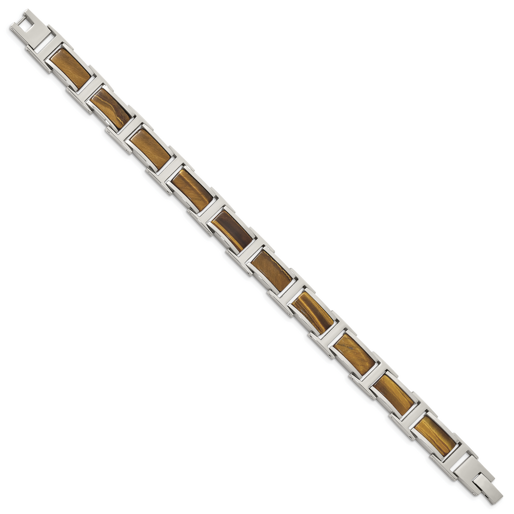 Chsiel Stainless Steel Polished with Tiger's Eye Inlay Link Bracelet for Men
