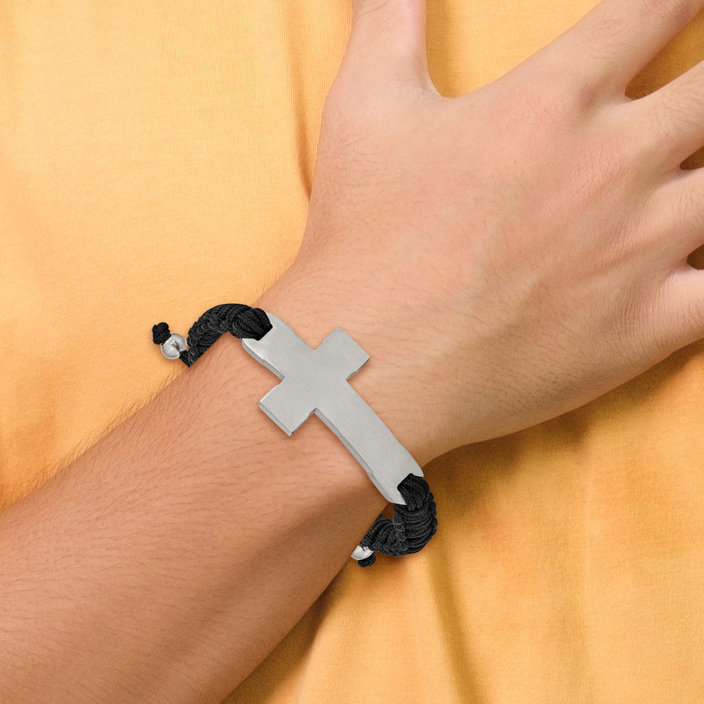 Stainless Steel Brushed and Polished Cross Black Nylon Adjustable Bracelet for Men