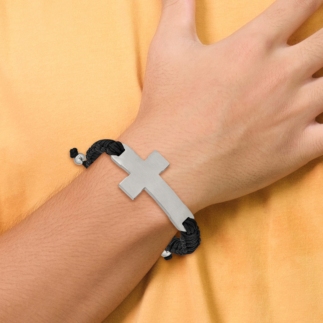 Stainless Steel Brushed and Polished Cross Black Nylon Adjustable Bracelet for Men