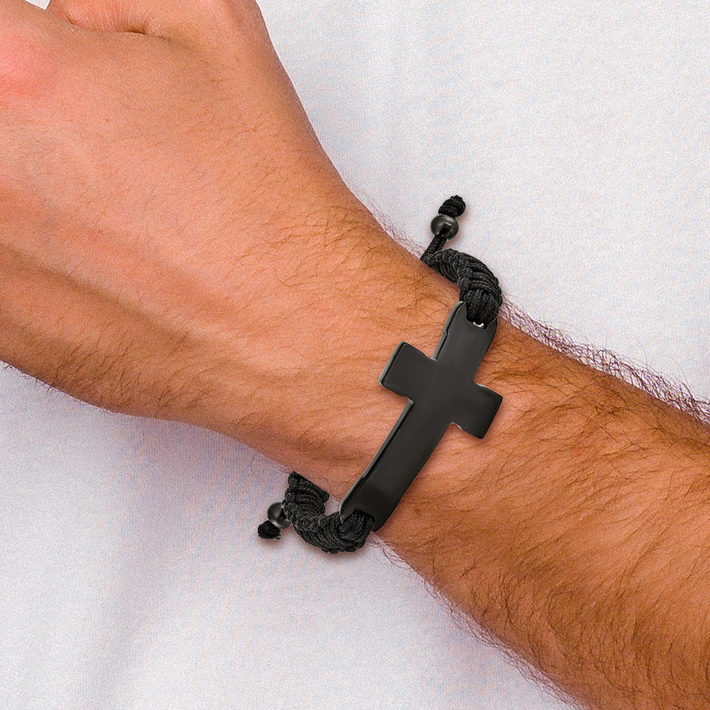 Stainless Steel Polished Black IP-plated Cross Black Nylon Adjustable Bracelet for Men