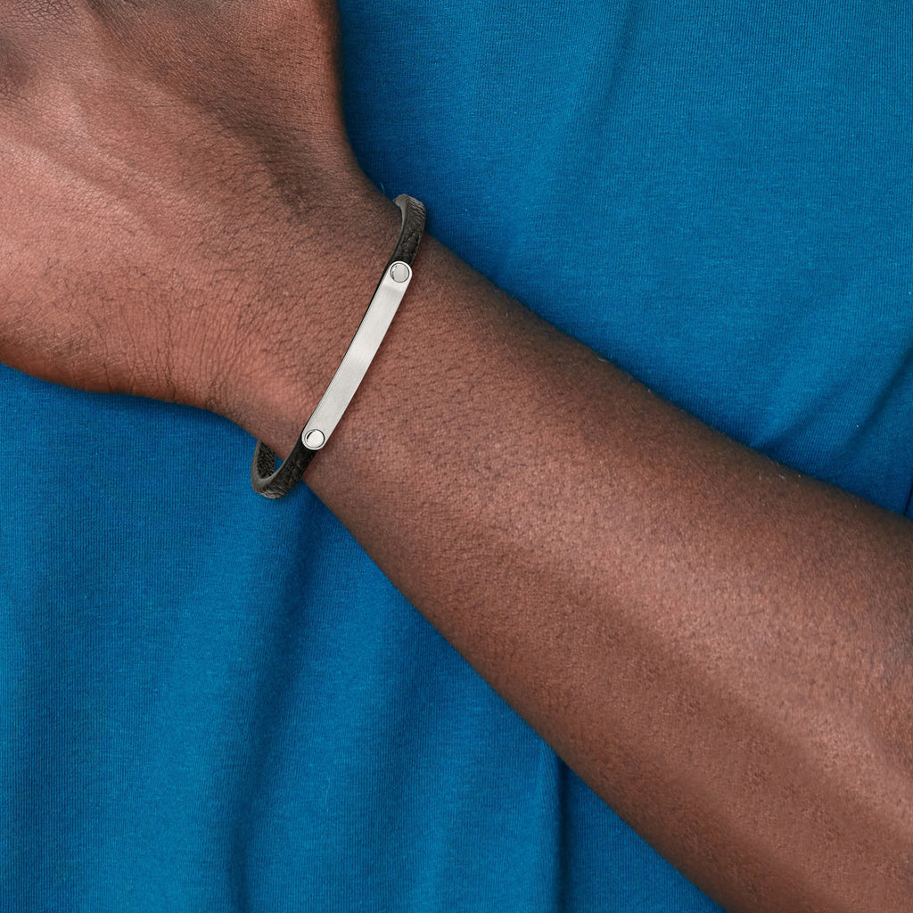 Stainless Steel Brushed Black Leather ID Bracelet for Men