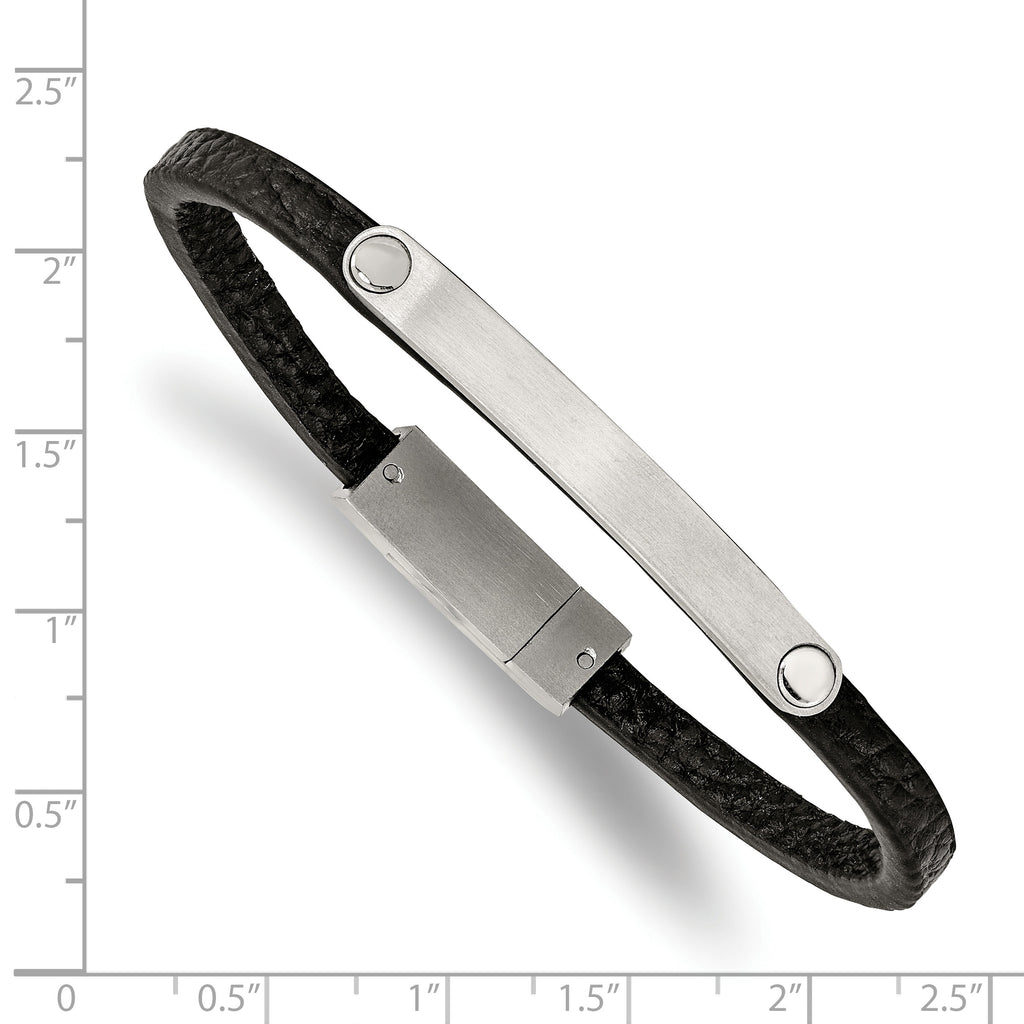 Stainless Steel Brushed Black Leather ID Bracelet for Men