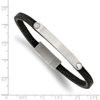 Stainless Steel Brushed Black Leather ID Bracelet for Men