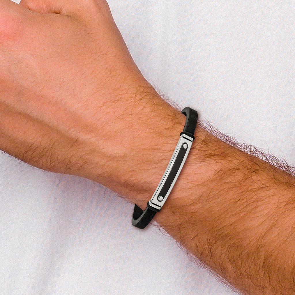 Stainless Steel Polished Black IP-plated Black Rubber Bracelet for Men