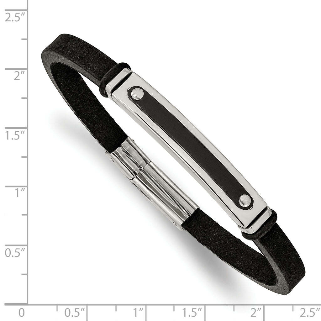 Stainless Steel Polished Black IP-plated Black Rubber Bracelet for Men