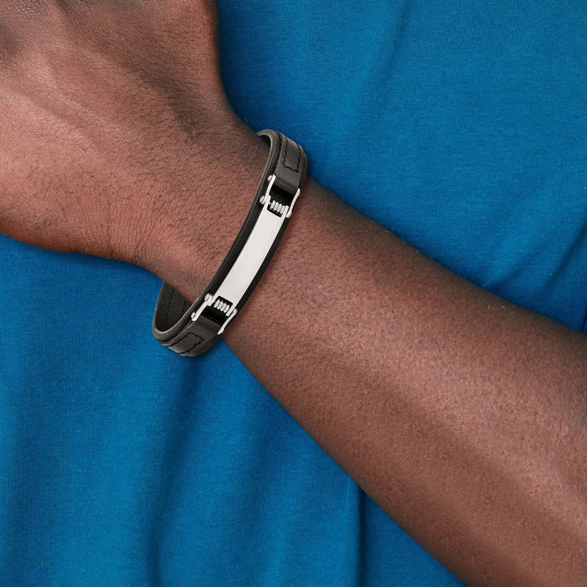 Stainless Steel Polished Black Leather ID Bracelet for Men