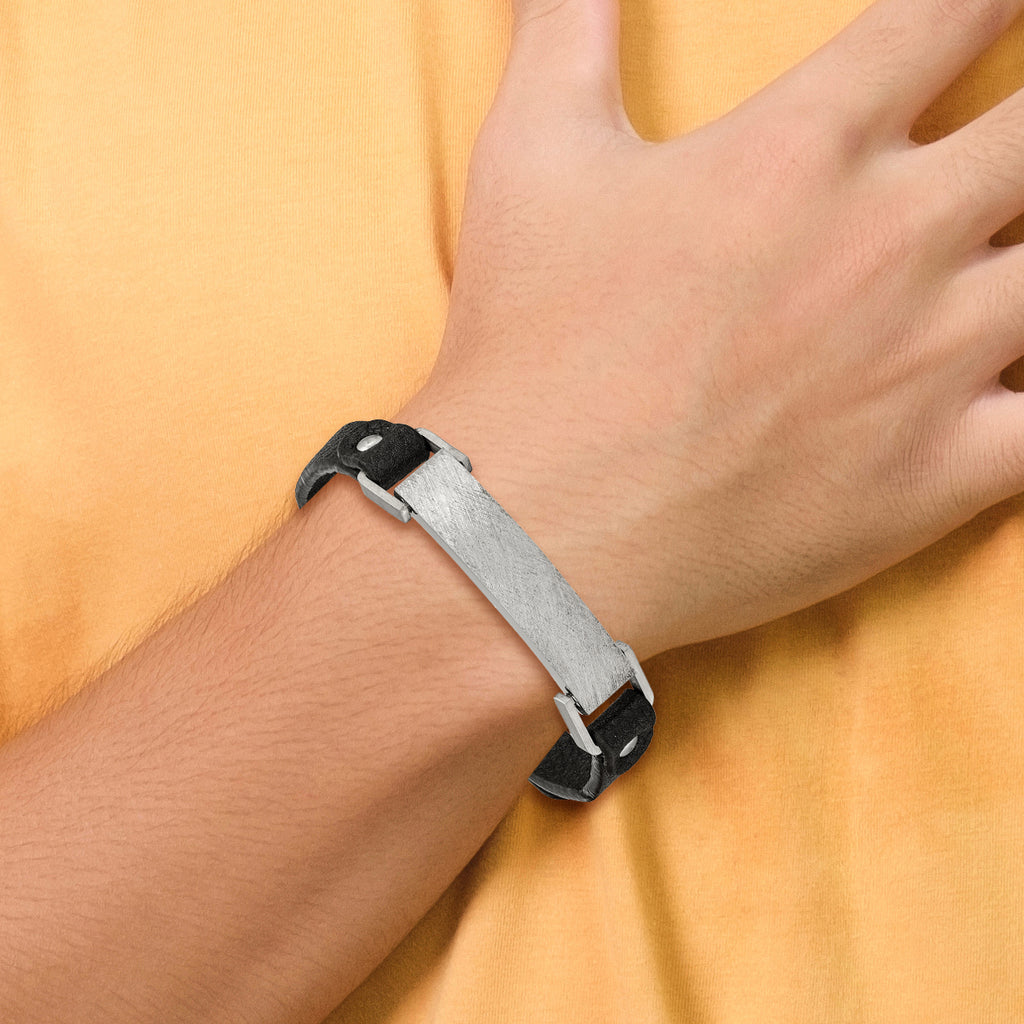 Stainless Steel Polished Scratch Finished Black Leather Adjustable ID Bracelet for Men