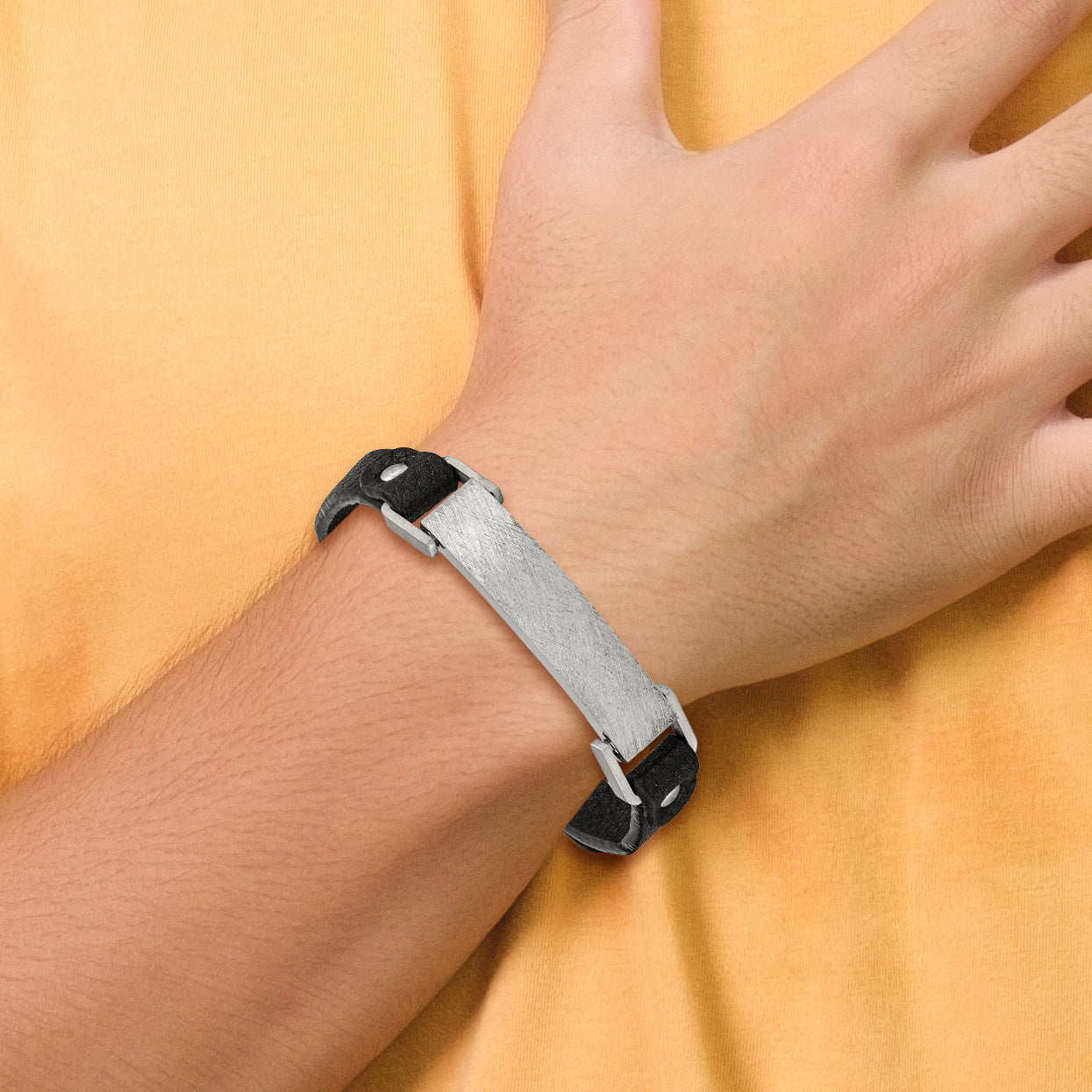 Stainless Steel Polished Scratch Finished Black Leather Adjustable ID Bracelet for Men