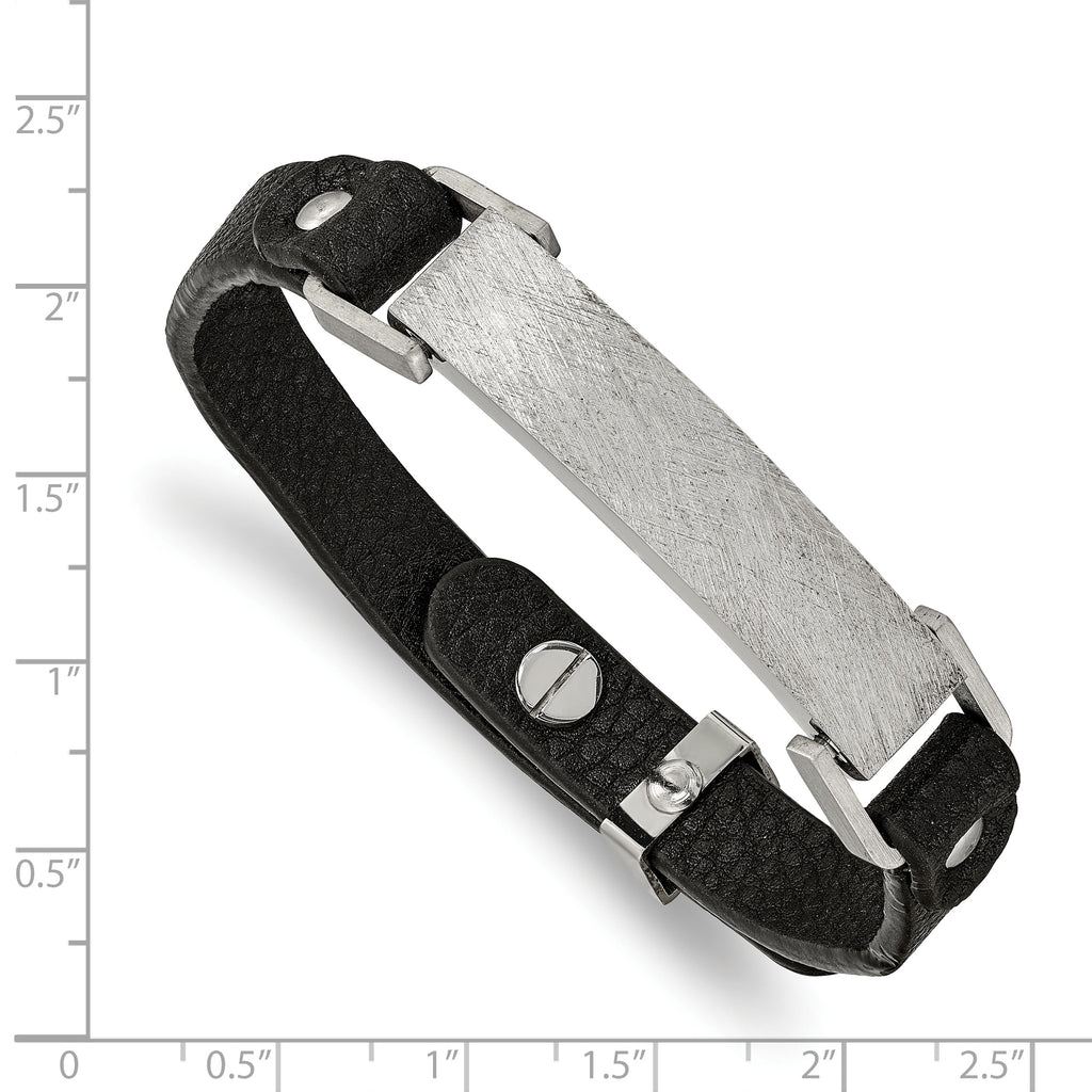 Stainless Steel Polished Scratch Finished Black Leather Adjustable ID Bracelet for Men