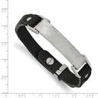 Stainless Steel Polished Scratch Finished Black Leather Adjustable ID Bracelet for Men