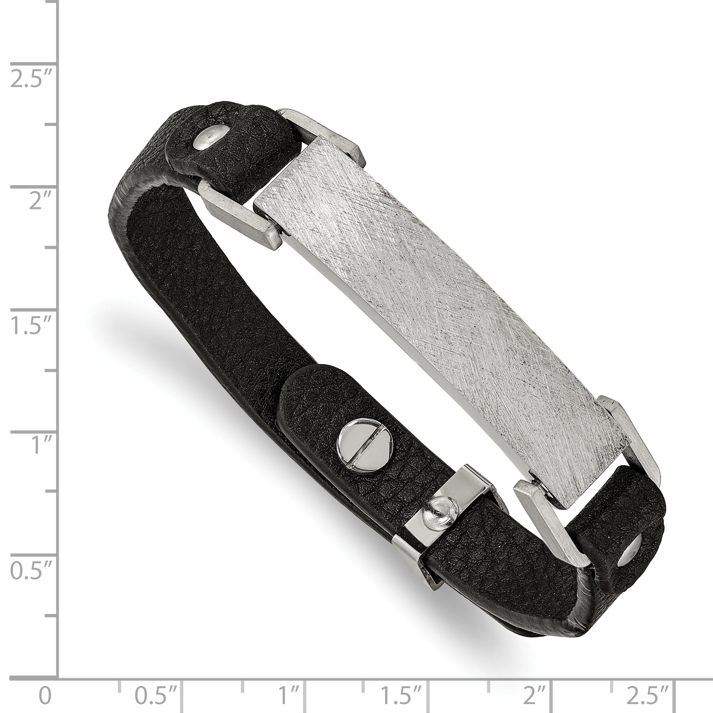 Stainless Steel Polished Scratch Finished Black Leather Adjustable ID Bracelet for Men